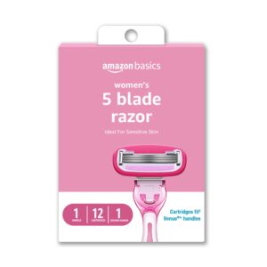 Amazon Basics Women’s 5 Blade FITS Razor for Women, FITS Amazon Basics Handle and Venus Handles, Includes 1 FITS Handle, 12 Cartridges & 1 Shower Hanger