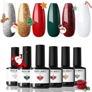 modelones 6 Colors Christmas Gel Nail Polish Set, Winter Red Glitter Dark Green White Gold Silver New Year Gel Polish Kit Soak Off Nail Art Manicure Home Gift for Women Girls
