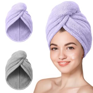 Hicober Microfiber Hair Towel,2Packs Super Absorbent Quick Dry Hair Towel Turban Soft Wrap for Women,Hair Care Accessories Wet Hair(Purple,Grey)