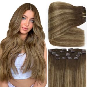 Full Shine Balayage Clip in Hair Extensions Brown Ombre Medium Brown Mix Honey Blonde Real Human Hair Extensions Clip ins Color 4/24/4 20 Inch 150 G