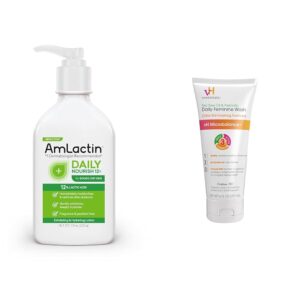 AmLactin Daily Moisturizing Lotion for Dry Skin – 7.9 oz Pump Bottle – 2-in-1 Exfoliator – Body Lotion with 12% Lactic Acid (Packaging May Vary) and vH essentials, Ph Balanced Daily Feminine Wash, Tea Tree Oil & Prebiotic, 6, Fl Oz, (Pack Of 1) 54306 Clear Bundle