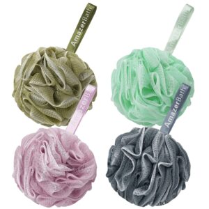 AmazerBath Loofah Sponge 60g/Piece, Exfoliating Bath Sponge Body Scrubber, Loofa Set of 4 – White Grey-Pink-Army Green-Green