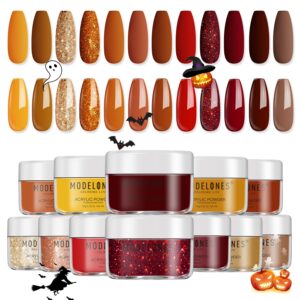 modelones Acrylic Powder Set – 12 Colors Fall Winter Nail Set – Professional Colored Acrylic Polymer Powder Glitter Red Gold Orange – Halloween Thanksgiving Gifts