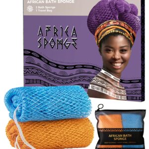 African Net Sponge Authentic – 2 Pieces Exfoliating Body Scrubber Bath Sponge Babyblue&Orange – Back Scrubber Washcloth for Shower – Real African Scrub Exfoliator Body Care Bathing Accessories