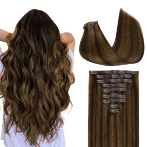 GOO GOO Clip in Hair Extensions Real Human Hair, Remy Human Hair Extensions Clip ins for Women, Natural Human Hair, 14inch 130g 9Pcs, 2C/4E/6C Brown Sugar Swirl Highlights