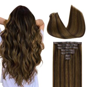 GOO GOO Clip in Hair Extensions Real Human Hair, Remy Human Hair Extensions Clip ins for Women, Natural Human Hair, 16inch 130g 7Pcs, 2C/4E/6C Brown Sugar Swirl Highlights