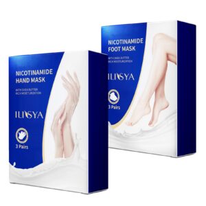 Hand and Foot Mask Set> 3pk Foot Mask & 3pk Hand Mask for Dry Cracked Hand Heel> Glove & Socks with Nicotinamide + Shea Butter + Goat Milk
