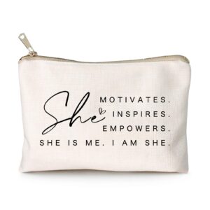 She Motivates Inspires Empowers Makeup Bag She is Me Entrepreneurship Gift Women’s Motivational Cosmetic Bags Powerful and Inspirational Travel Bag Gift for Her
