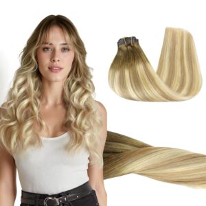 GOO GOO Clip in Hair Extensions Real Human Hair, Remy Human Hair Extensions Clip ins for Women, Natural Human Hair, 14inch 110g 7Pcs, 5A/90/16F Bahamian Balayage