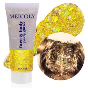 MEICOLY Gold Body Glitter,Yellow Face Glitter,Music Festival Accessories Outfits for Women,Mermaid Sequins Hair Glitter Makeup,Sparkle Face Body Glitter for Country Concert,Mardi Gras Accessories