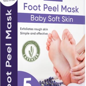 Foot Peel Mask – Foot Mask for Baby Soft Skin – Remove Dead Skin, Dry, Cracked Feet & Callus, Foot Spa, Made with Aloe Vera Extract for Women and Men (5 Pairs Lavender)