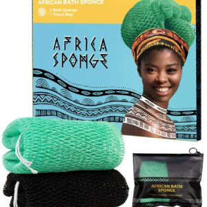 African Net Sponge Authentic – 2 Pieces Real African Loofah Shower Sponges – Body Scrubber Exfoliating Washcloth Black & Seawave – Africa Bath Sponges for Back Scrubber Shower Accessories