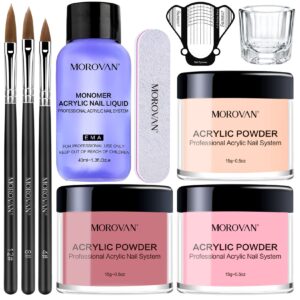 Morovan Acrylic Nail Kit Acrylic Powder and Professional Monomer Acrylic Nail Liquid set with Acrylic Nail Brush Nail Forms tips for Beginner Pink Color