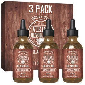 Viking Revolution Sandalwood Beard Oil for Men – Natural Mens Beard Oil with Argan Oil and Jojoba Oil – Beard Softener, Strengthens and Moisturizes – Beard Conditioner for Men (Sandalwood, 3 Pack)
