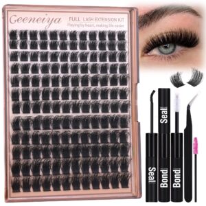 Geeneiya 200D Full Lash Clusters Kit Thick Lash Extension Kit 10-18mm Wispy Cluster Eyelash Extensions Individual Eyelashes Kit with Lash Bond and Seal DIY Lashes Applicator for Beginners