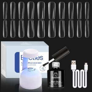 Beetles Gel Nail Kit Easy Nail Extension Set with 500Pcs Nail Tips Long Square Shape 5 In 1 Nail Glue Base Gel and Innovative UV Led Lamp Easy Diy Nails Art Home Acrylic False Nail Tips Kit