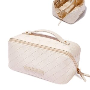 EACHY Travel Makeup Bag, Large Capacity Cosmetic Bags for Women, Waterproof Portable Open Flat Toiletry Bag Make up Bag with Divider and Handle (Checkered-White, Medium)