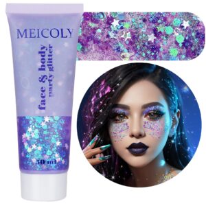 MEICOLY Light Purple Body Glitter,Chameleon Purple Mermaid Face Glitter,Mardi Gras Outfit for Women,Rave Glitter Makeup,Glitter Face Paint,Hair Chunky Glitter,Sparkling Glitter Gel for Women,50ml