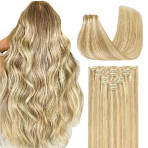 GOO GOO Clip in Hair Extensions Real Human Hair, Remy Human Hair Extensions Clip ins for Women, Natural Human Hair, 24inch 160g 7Pcs, 18D/22F Dirty Blonde Highlights