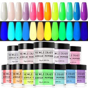NICOLE DIARY Acrylic Powder Set – 12 Vibrant Shades Glow-in-the-Dark Acrylic System for DIY Manicure> Luminous Colors Acrylic Nail Powder for Acrylic Nail Extension Carving> Glow & Shine