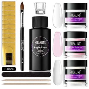 ROSALIND 3*10g Acrylic Powder Kit Clear Pink Acrylic Nail Powder Set with Acrylic Liquid Acrylic Nail Brush Nail Forms and DIY Nail Art Tools