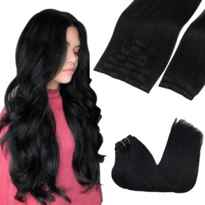 GOO GOO Clip in Hair Extensions Real Human Hair, Remy Human Hair Extensions Clip ins for Women, Natural Human Hair, 14inch 150g 9Pcs, 1 Jet black
