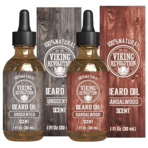 Viking Revolution Sandalwood and Unscented Beard Oil for Men – Natural Mens Beard Oil with Argan Oil and Jojoba Oil – Beard Softener, Strengthens and Moisturizes – Beard Conditioner for Men (2 Pack)
