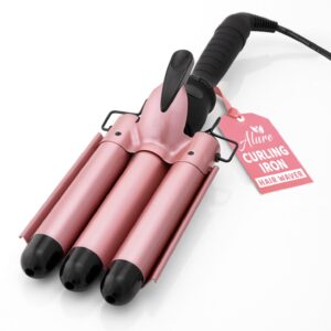 Alure Three Barrel Curling Iron Wand Hair Waver with LCD Temperature Display – 1 Inch Ceramic Tourmaline Triple Barrels, Dual Voltage Crimp (Rose Gold)