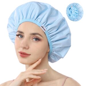 Years Calm Shower Caps For Women Reusable Waterproof，Pattern And Solid Color Dual-Layer Design For Dual-Layer Usable，Protects Hair In Shower, Spa, Cooking, Clean & Travel (Blue, One Size)
