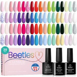 beetles Summer Gel Polish Nail Set 36 Colors Floral Rhapsody Collection Pastel Bright Girly Sparkle Glitter Polish with 3Pcs Base Matte & Glossy Top Soak off Uv Lamp All Seasons Gifts for Her