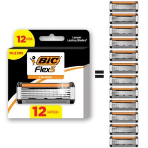 BIC Flex 5 Refillable Men’s Razor, Ideal Head Shavers for Bald Men, 12 Refill Cartridges, 5 Blade Razors for a Close Shave