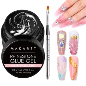 Makartt Nail Rhinestone Glue Gel with Brush Pen Set, 15ml Clear Nail Gem Glue Gel Wipe-Off Super Strong Adhesive Nail Art Glue Gel for Nail Decorations 3D Stones Charms Flowers(Nail Lamp Needed)