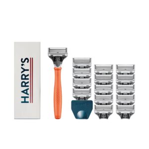 Harry’s Shaving Kit for Men – Razor Handle, 15 Razor Blade Refills, and Travel Blade Cover – Orange