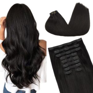 GOO GOO Clip in Hair Extensions Real Human Hair, Remy Human Hair Extensions Clip ins for Women, Natural Human Hair, 14inch 130g 9Pcs, 1B Natural black