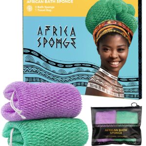 African Net Sponge Authentic – 2 Pieces Real African Exfoliating Loofah Sponge with Knots – African Net Wash Cloths for Body Scrubber Exfoliator Seawave & Lilac – Back Scrub for Shower Bath