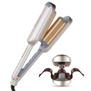 Curling Iron Hair Crimper Waver – TYMO ROVY Beach Waves Curling Wand, Ionic Deep Waver Hair Curler Tool with Ceramic 3 Barrel for Women, Dual Voltage, Anti-Scald, Easy to Use, Elegant Gold, 1.25 Inch