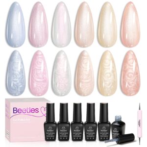 Beetles Pearl Gel Nail Polish, 6 Colors Pastel Pink White Orange Blue Colors Gel Polish Shimmer Mermaid Nail Polish Shell Swirl Thread Effect Glitter Soak Off UV LED Gift for Women & Girls