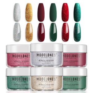 Modelones Christmas Colors Acrylic Powder Kit – 6 Colors Golden Glitter Yellow Green Dark Red Sliver Christmas Eve Cover Powder for Nail Art Extension – No Lamp Needed (C7-Lucky Clover)