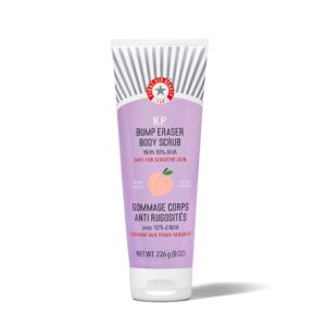First Aid Beauty – KP Bump Eraser Body Scrub with 10% AHA, Keratosis Pilaris Exfoliator with Glycolic and Lactic acids, Helps Reduce Chicken Skin Bumps, Safe for Sensitive Skin, NEW Peach Scent (8 oz)