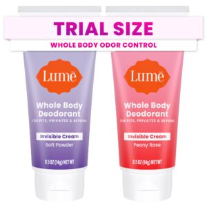 Lume Whole Body Deodorant – Mini Travel Size Invisible Cream Tube – Trial Size – 72 Hour Odor Control – Doctor Developed – Aluminum Free, Baking Soda Free – .5oz (2 Pack) (Soft Powder & Peony Rose)