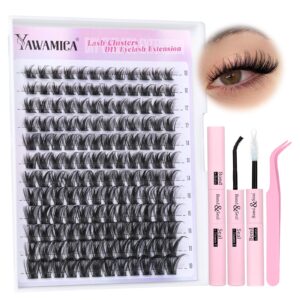Yawamica Lash Extension Kit Wispy Lash Clusters Kit C Curly Eyelash Clusters 10-18mm Cluster Eyelash Extensions Kit Soft Individual Lashes DIY Lash Kit with Lash Cluster Glue Lash Tweezers by Self