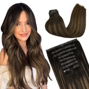 GOO GOO Clip in Hair Extensions Real Human Hair, Remy Human Hair Extensions Clip ins for Women, Natural Human Hair, 14inch 130g 9Pcs, 2/6/2 Balayage Dark Brown to Chestnut Brown