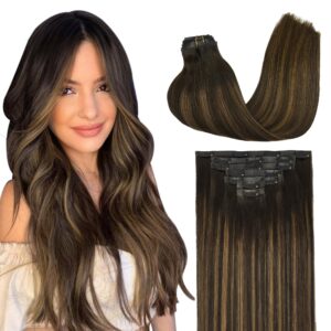 GOO GOO Clip in Hair Extensions Real Human Hair, Remy Human Hair Extensions Clip ins for Women, Natural Human Hair, 24inch 160g 7Pcs, 2/6/2 Balayage Dark Brown to Chestnut Brown