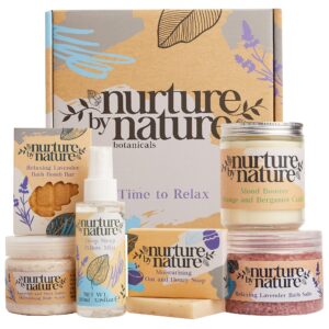 Nurture by Nature RELAX & CALM Spa Kit – Mothers Day Gifts – Spa Gift Baskets For Women, Complete Bath Sets for Women Gift – Lavender Pillow Mist, Bath Salts, Bath Bomb – Self Care Gift Basket