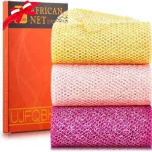 3 Piece Bright Style African exfoliating net Exfoliating Shower Set Long Bath Sponges for Smooth, Refreshed Skin, The Exterior Gleams – Ideal for Daily Use (Bright Yellow, Pink, Purple)