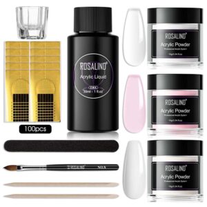 Pink Opal Clear Acrylic Powder Set> 3 * 10g/0.34oz Clear Acrylic Nail Powder for Nail Acrylic Extension> ROSALIND Polymer Nail Powder Acrylic White Pink Nail Caving Arcylic Powder 3 Colors Kit with Acrylic Liquid Acrylic Nail Brush Nail Forms and DIY Nail Art Tools
