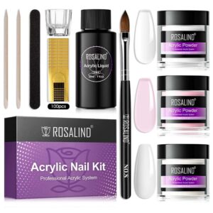 Pink Opal Clear Acrylic Powder Set> ROSALIND 3 * 10g/0.34oz Clear Acrylic Nail Powder for Nail Acrylic Extension> Polymer Nail Powder Acrylic White Pink Nail Caving Arcylic Powder 3 Colors Kit with Acrylic Liquid Acrylic Nail Brush Nail Forms and DIY Nail Art Tools