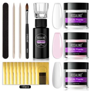 Clear Opal Pink Acrylic Powder Set> 3 * 10g/0.34oz Clear Pink Acrylic Nail Powder for Nail Acrylic Extension>Polymer ROSALIND Nail Powder Acrylic White Pink Nail Caving Arcylic Powder 3 Colors Kit with Acrylic Liquid Acrylic Nail Brush Nail Forms DIY Nail Art Tools