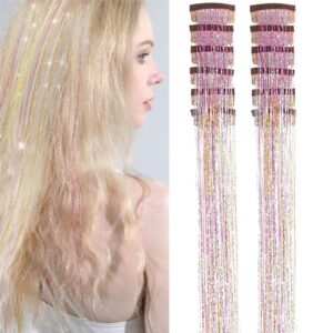 Clip in Hair Tinsel 12 Pcs Hair Tinsel Kit for Girls 22 Inch Glitter Fairy Tinsel Hair Extensions Colorful Heat Resistant Party Festival Hair Accessories for Women Kids(Gold-silver-pink)