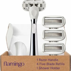 Flamingo Razors for Women, 1 Women’s Razor Handle (Chrome), 4 Razor Five-Blade Refills, and 1 Shower Holder